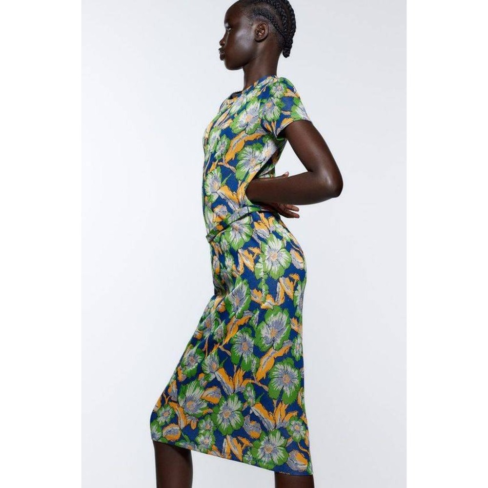 Zara Midi Dress Size Large Floral Green Blue Short Sleeve Jacquard Knit